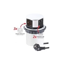 Vestavná nábytková zásuvka TETRA BOX s USB hliník, 3x230V, IP20, 2xUSB, 1,4m, TETRABOX-4G2U-FR-01