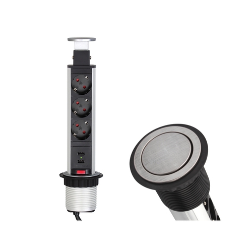 Vestavná, výsuvná zásuvka LIFT-BOX 3x230V, 2x USB kartáčovaná ocel, LIFTBOX-STD-3FR-U-01 Vestavná, výsuvná zásuvka LIFT-BOX 3x230V, 2x USB kartáčovaná ocel, LIFTBOX-STD-3FR-U-01 1