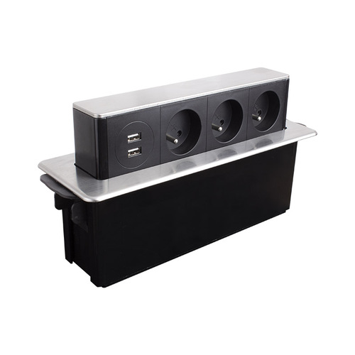 Vestavná, výsuvná zásuvka HOPBOX 3x230V, 2x USB kartáčovaná ocel, HOPBOX-SD-3FR-U-2-01 Vestavná, výsuvná zásuvka HOPBOX 3x230V, 2x USB kartáčovaná ocel, HOPBOX-SD-3FR-U-2-01 1