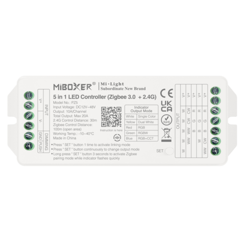 LED přijímač 5v1pro jenobarevné/CCT/RGB/RGBW/RGB+CCT LED pásky, Zigbee 3.0+ 2.4GHz, DC 12-48 V, Max.20 A, PZ5, Mi-Light LED přijímač 5v1pro jenobarevné/CCT/RGB/RGBW/RGB+CCT LED pásky, Zigbee 3.0+ 2.4GHz, DC 12-48 V, Max.20 A, PZ5, Mi-Light 1