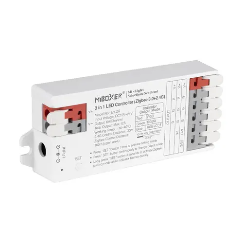 Zigbee LED přijímač 3v1 pro RGB/RGBW/RGB+CCT pásky, Zigbee 3.0 +2.4G, DC12~24V, 12A, Mi-Light, E3-ZR 1