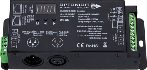 DMX512 dekodér 4 kanály, 8A/kanál, IP20, 12-36V, 3 roky záruka, OP6390 DMX512 dekodér 4 kanály, 8A/kanál, IP20, 12-36V, 3 roky záruka, OP6390 1