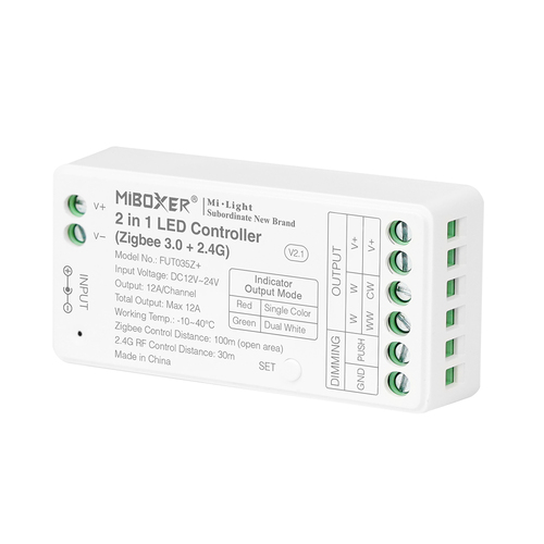 Zigbee 3.0 LED přijímač 2v1 pro Jednobarevné/CCT pásky, Boxer, 12-24VDC, 12A, Mi-light, FUT035Z+ Zigbee 3.0 LED přijímač 2v1 pro Jednobarevné/CCT pásky, Boxer, 12-24VDC, 12A, Mi-light, FUT035Z+ 1