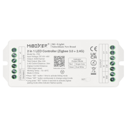 LED přijímač 2v1 pro jenobarevné a CCT LED pásky, Zigbee 3.0+2,4GHz, DC 12-48 V, PZ2, Mi-Light  LED přijímač 2v1 pro jenobarevné a CCT LED pásky, Zigbee 3.0+2,4GHz, DC 12-48 V, PZ2, Mi-Light  1