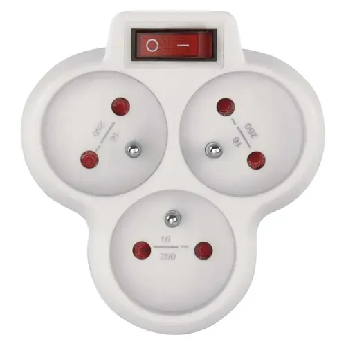 Rozbočovací zásuvka 3× kulatá, bílá, IP20, 250 V~/10 A max., vypínač Rozbočovací zásuvka 3× kulatá, bílá, IP20, 250 V~/10 A max., vypínač 1