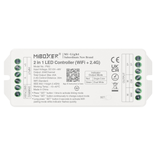 LED přijímač 2v1 pro jenobarevné a CCT LED pásky, WiFi+2,4GHz, DC 12-48 V, PW2, Mi-Light  LED přijímač 2v1 pro jenobarevné a CCT LED pásky, WiFi+2,4GHz, DC 12-48 V, PW2, Mi-Light  1